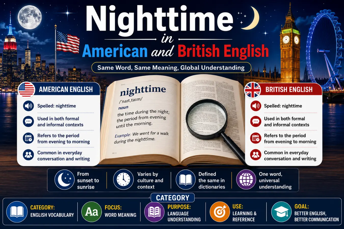 Nighttime in American and British English
