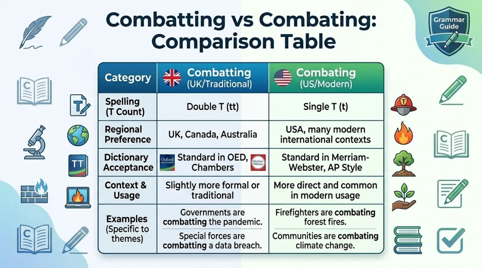 Combatting vs Combating Comparison Table