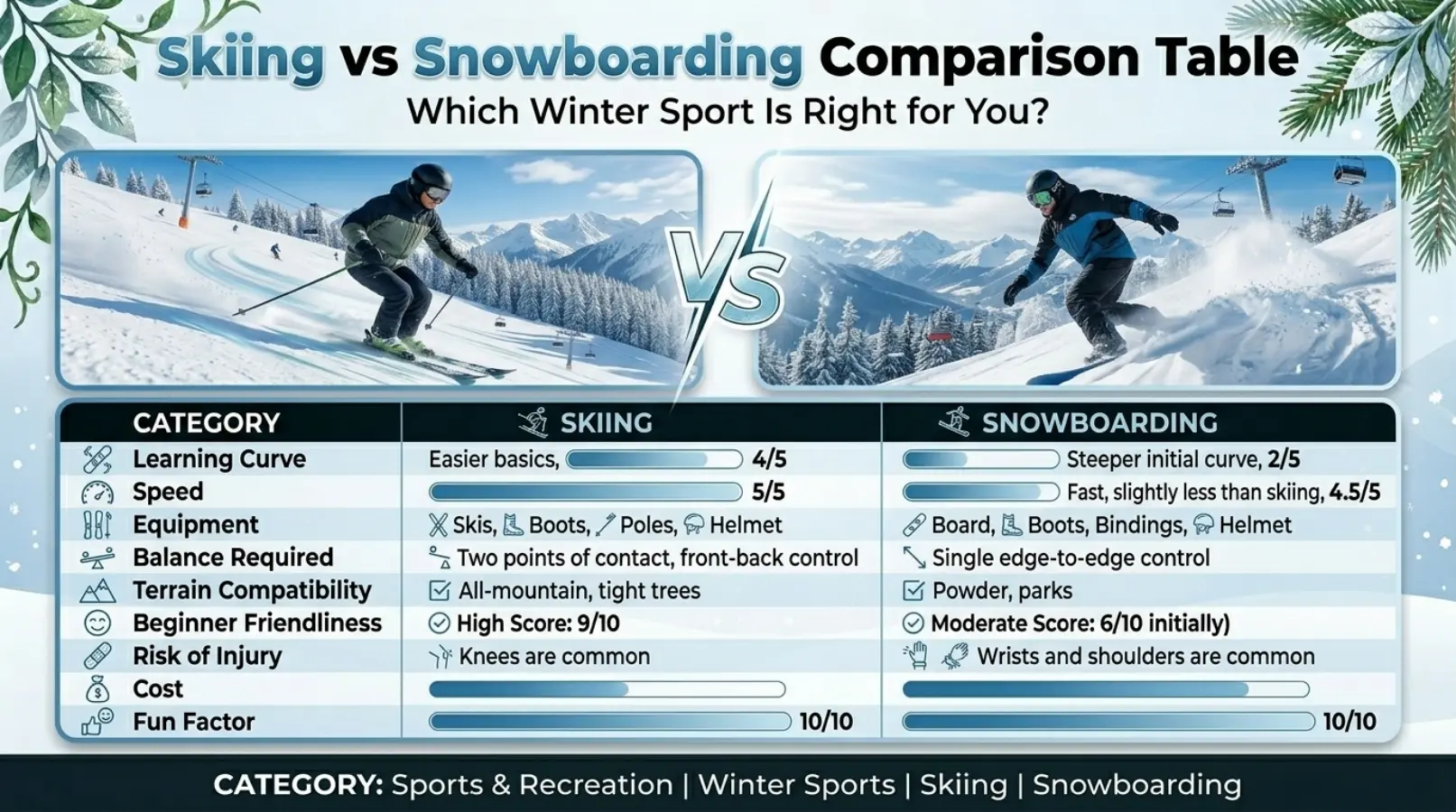 Skiing vs Snowboarding Comparison Table