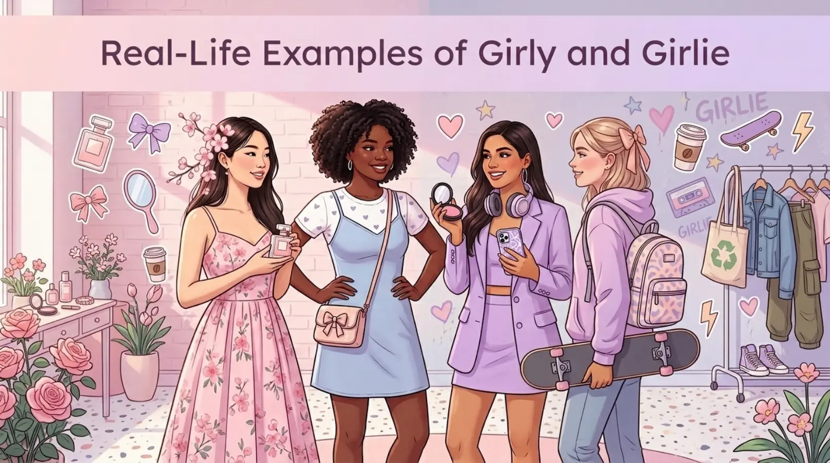 🎨 Featured Image Prompt:  “Create a vibrant, modern featured blog image illustrating ‘Real-Life Examples of Girly and Girlie’. Show a split-style composition: on one side, a confident young woman in soft pastel fashion (pink, lavender, floral dress, aesthetic lifestyle elements like makeup, shopping, coffee, and friendship moments); on the other side, a slightly edgy, casual ‘girlie’ vibe with streetwear fashion, jeans, sneakers, headphones, and urban background. Blend both styles harmoniously to show contrast and personality diversity. Include subtle lifestyle details like handbags, accessories, selfies, and social media vibes. Bright, aesthetic lighting, Instagram-style photography, high resolution, clean composition, modern blog featured image, visually appealing, 16:9 ratio, professional digital marketing banner style.”