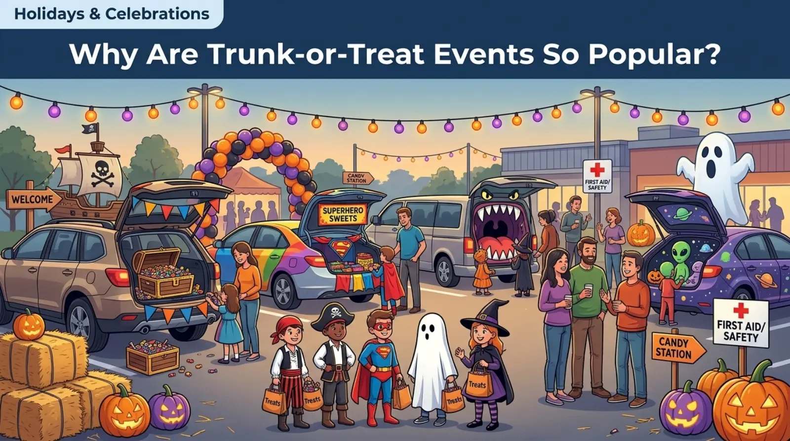 Title Text on Image: Why Are Trunk-or-Treat Events So Popular?  Category: Holidays & Celebrations  AI Image Generation Prompt:  Create a modern, colorful, family-friendly featured image for a blog post titled "Why Are Trunk-or-Treat Events So Popular?". Show a vibrant trunk-or-treat event in a decorated parking lot during Halloween evening. Multiple cars have creatively decorated trunks with pumpkins, lights, spooky but kid-friendly Halloween themes, and candy displays. Children in costumes happily collect treats while parents supervise nearby. Include families socializing, community members chatting, and festive decorations such as jack-o'-lanterns, balloons, hay bales, and string lights. Emphasize safety, community engagement, creativity, and fun group activities. Use warm orange, purple, black, and yellow Halloween colors. Add a clean blog-banner layout with the title "Why Are Trunk-or-Treat Events So Popular?" prominently displayed and a small category label "Holidays & Celebrations". Professional, high-resolution, SEO-friendly featured image, 16:9 aspect ratio, bright, welcoming, and engaging.