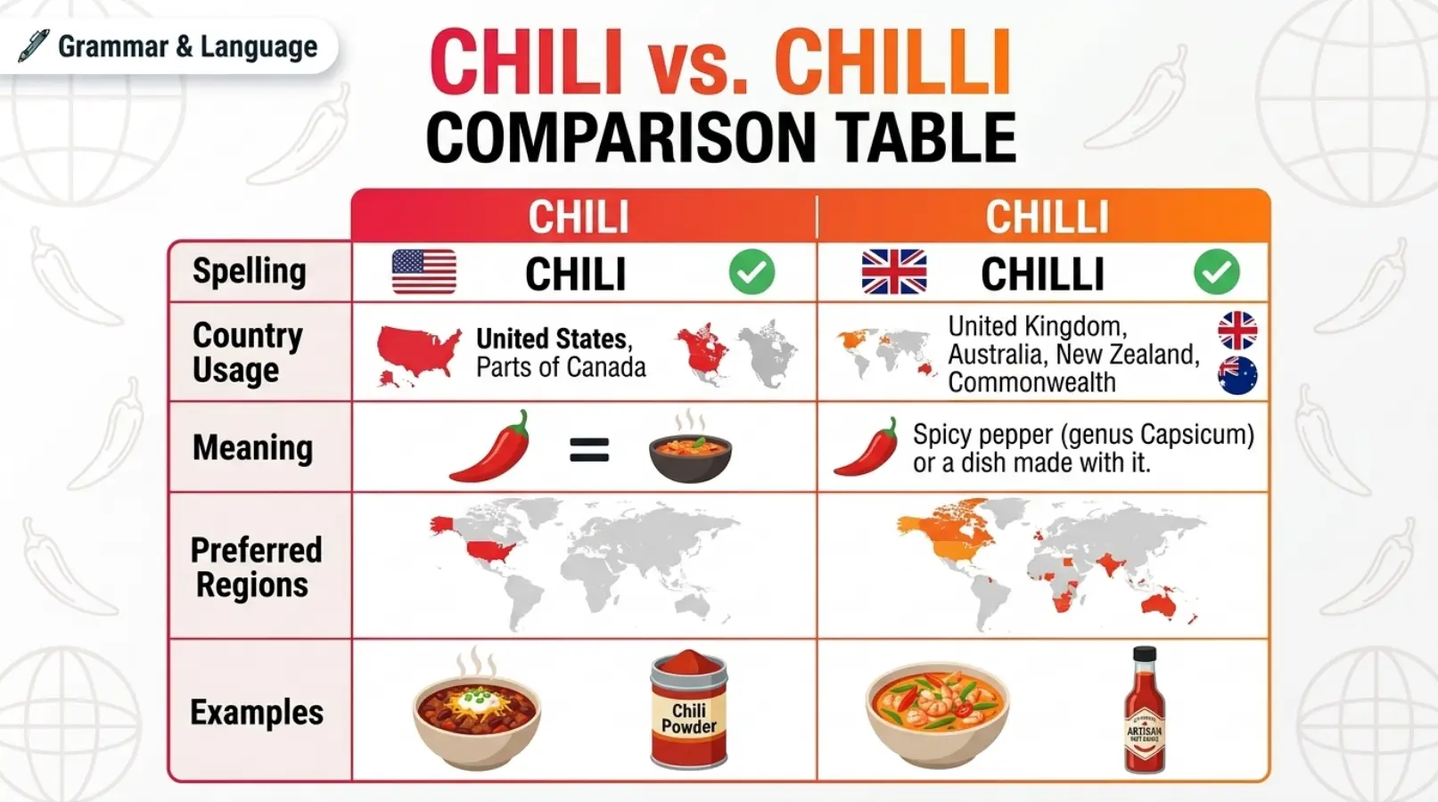 Create a modern, eye-catching blog featured image for the keyword "Real-Life Examples of Chilli and Chili". Split the design into two sections. On the left, show a British-style restaurant menu featuring the word "Chilli" next to a bowl of spicy chili con carne and red chili peppers. On the right, show an American-style restaurant menu featuring the word "Chili" beside a classic bowl of Texas chili with beans and spices. Include realistic food photography, vibrant red peppers, herbs, and spices. Add subtle UK and USA elements in the background to highlight regional spelling differences. Use clean typography with the title "Real-Life Examples of Chilli and Chili" prominently displayed. Add a small category badge reading "Grammar & Language". Professional blog-banner style, high resolution, SEO-friendly, bright colors, sharp focus, and engaging visual composition. Size: 1200×628 pixels.