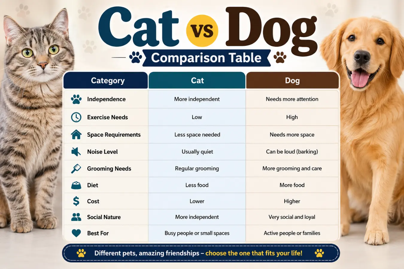 Cat vs Dog Comparison Table
